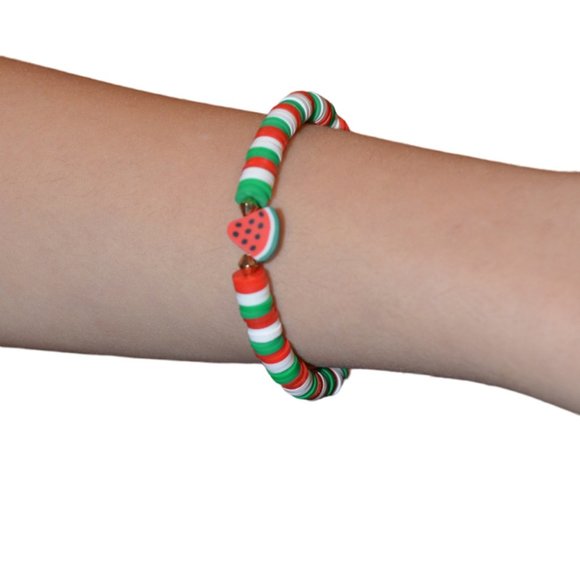 Handmade Watermelon colored Clay bead Elastic bracelet - Picture 1 of 5